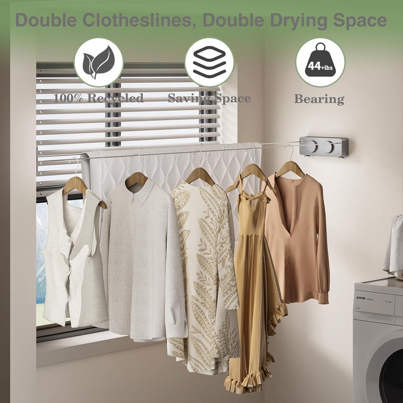 Danpoo Retractable Clothesline, Anti-Sag Adjustable Knob Heavy-Duty Clothes Line for Indoors/Outdoors with 2 * 13.8ft Stainless Steel Wire, Laundry Wall Drying Solutions, Gray - Image 3